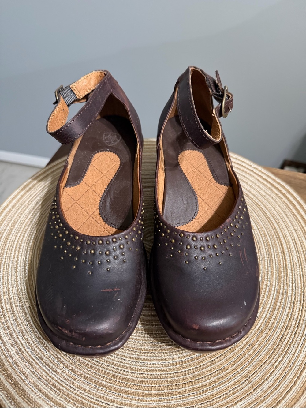 ARIAT Dark Brown Studded Leather Mary Jane Clog with Ankle Strap
